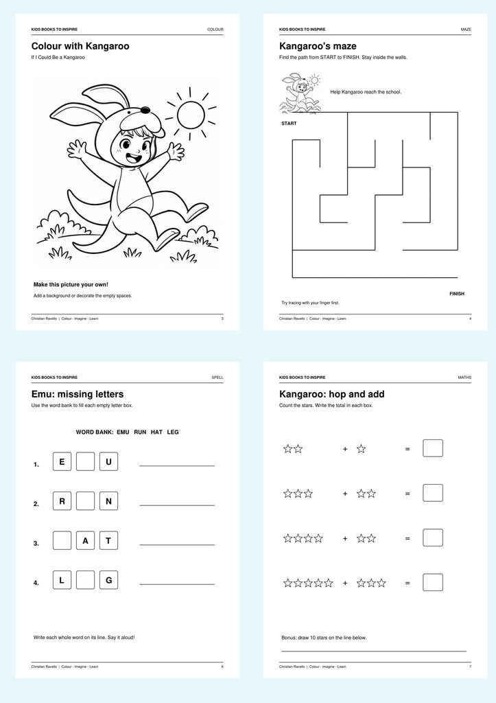 Four sample activity pages: Kangaroo colouring, Kangaroo maze, Emu missing letters and Kangaroo addition.