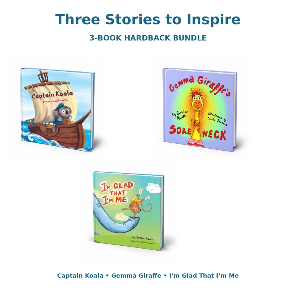 Three-book hardback bundle: Captain Koala, Gemma Giraffe’s Sore Neck and I’m Glad That I’m Me by Christian Ravello